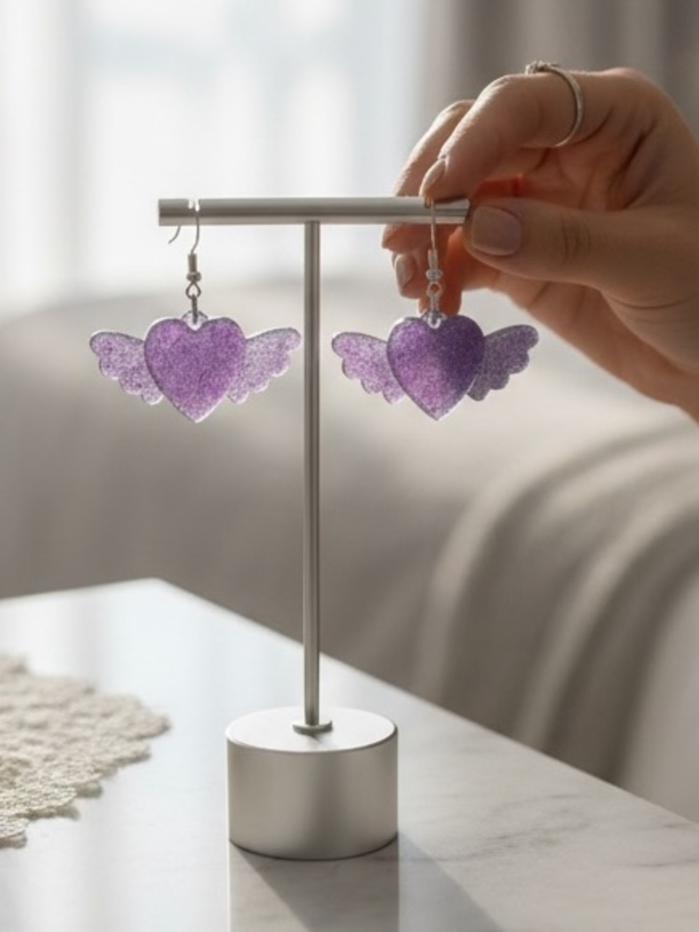 Handmade Purple Glitter Angel Wing Heart Resin Dangle Earrings